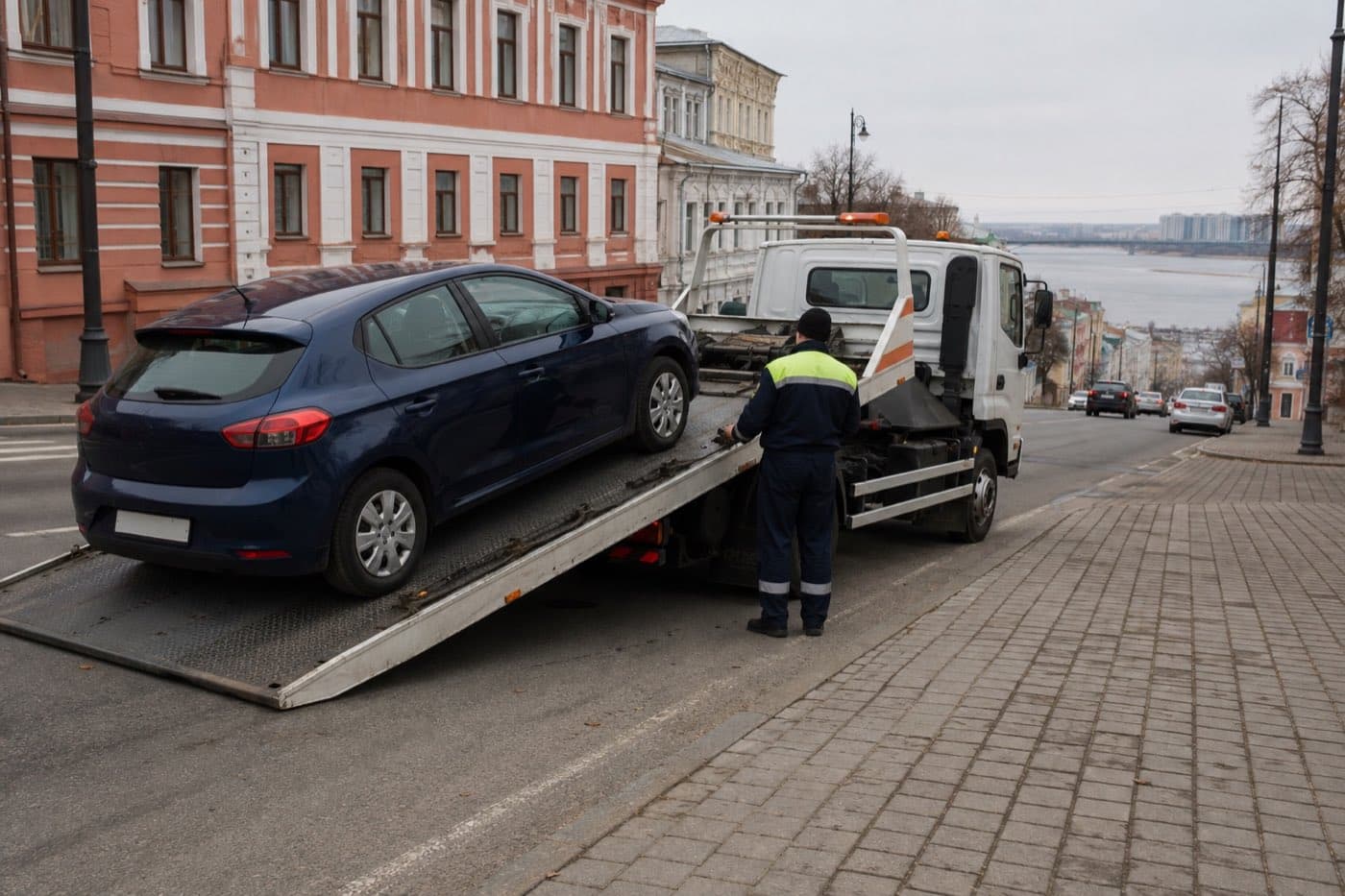 Эвакуатор забирает автомобиль на улице Нижнего Новгорода